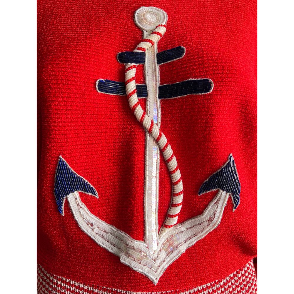Vintage Lillie Rubin Sweater Anchor Nautical Beaded Sequin Red White Blue Small - Picture 2 of 8